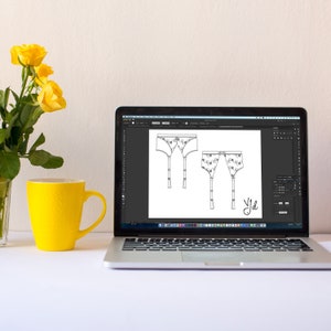 Six digital technical drawings of suspender belts