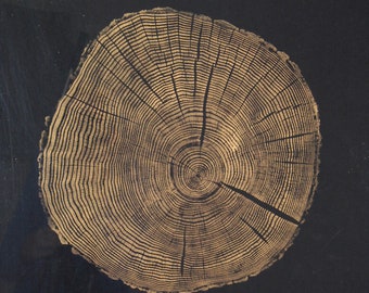 GOLD Ash - Contemporary handmade Tree Ring Art Print 50x50cm on black paper