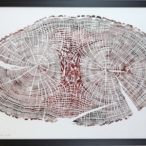 Mighty English Oak - Hand printed Tree Ring Art Brown Autumnal Colours limied edition print