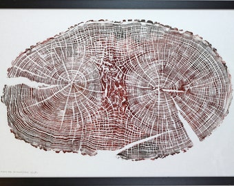 Mighty English Oak - Hand printed Tree Ring Art Brown Autumnal Colours limied edition print