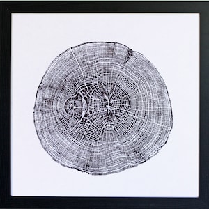 English Oak - Hand printed Tree Ring Art Print Black 40cm Nature