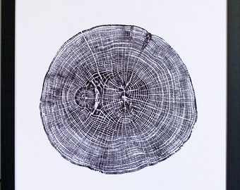 English Oak - Hand printed Tree Ring Art Print Black 40cm