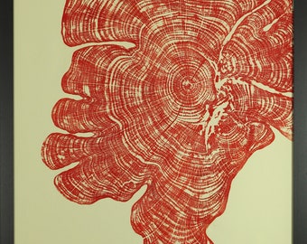 Red Island - Hand printed Tree Ring Art Red Print