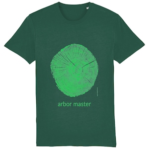 May include: A dark green t-shirt with a green tree ring graphic and the text "arbor master" printed in green.