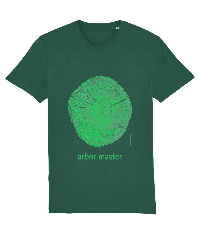 May include: A dark green t-shirt with a green tree ring graphic and the text "arbor master" printed in green.
