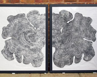 Island Waves - Handprinted Tree Ring Art Black Print Macrocarpa