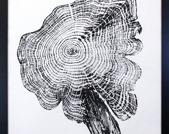 Cedar Star 2 - Hand printed Tree Ring Art Black Print minimalist wall decor