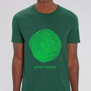 May include: A dark green t-shirt with a green tree ring graphic and the text "arbor master" printed on the front.