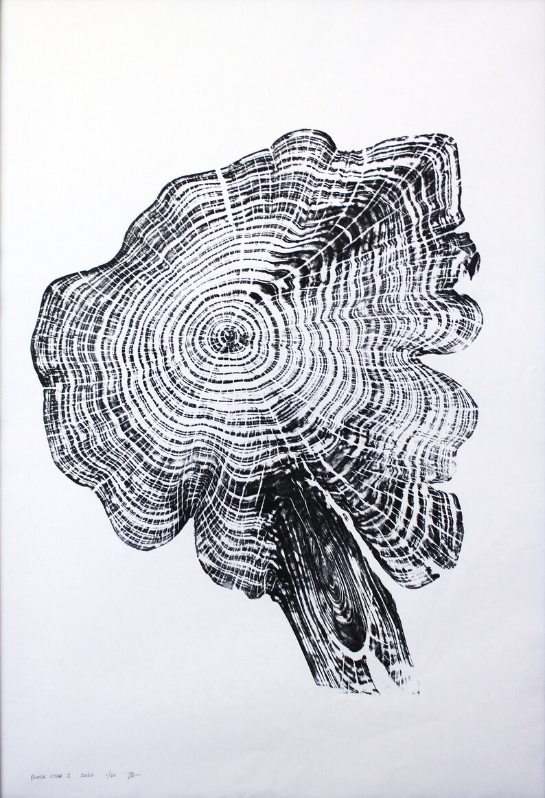 Handprinted Tree Ring Art Black Print Cedar Star 2