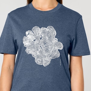 May include: A blue t-shirt with a white print of a tree ring pattern.