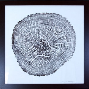 Allotment Ash - Hand printed Tree Ring Art Black Print 60cm