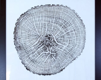 Allotment Ash - Hand printed Tree Ring Art Black Print 60cm