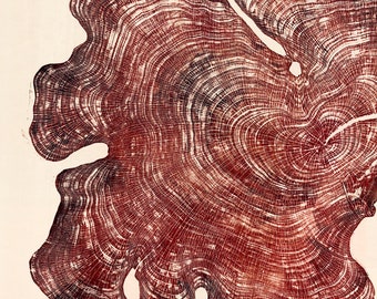 Island Waves AUTUMNAL - Handprinted Tree Ring Art Black Print Macrocarpa