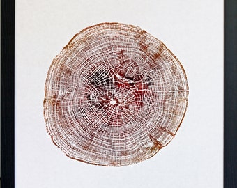 English Oak - Hand printed Tree Ring Art Brown Autumnal Colours 40cm