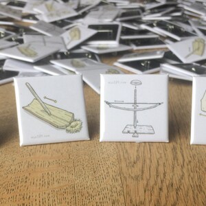 Bushcraft 4 Badge Collection Large 38mm Square, Hand Drill, Bow Drill & Fire Plow Illustrations Diagrams Outdoors Survival