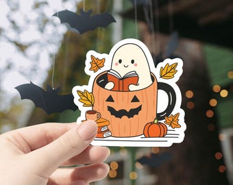 Bookish Ghost Pumpkin Sticker, fall vinyl Sticker, Cute Spooky Sticker, Fall, Coffee, Waterbottle Stickers, summerween, cute halloween