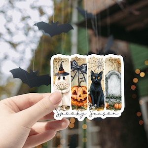 Sticker saison effrayante, Sticker sorcière fantôme d'Halloween, Sticker citrouille chat noir, Sticker esthétique automne, Sticker automne, vinyle chat noir