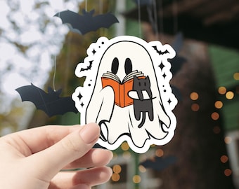 Spooky Cute Vinyl Sticker, Bookish Ghost Decal, Halloween Cat Aesthetic, Ghost Lover Gift, summerween, bookish decor, vinyl halloween