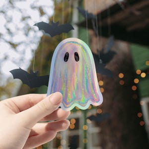 Cute Rainbow Iridescent Spooky Vinyl Decal, Halloween Aesthetic, Ghostcore Accessory, Shiny Ghostie Sticker, Summerween Sticker