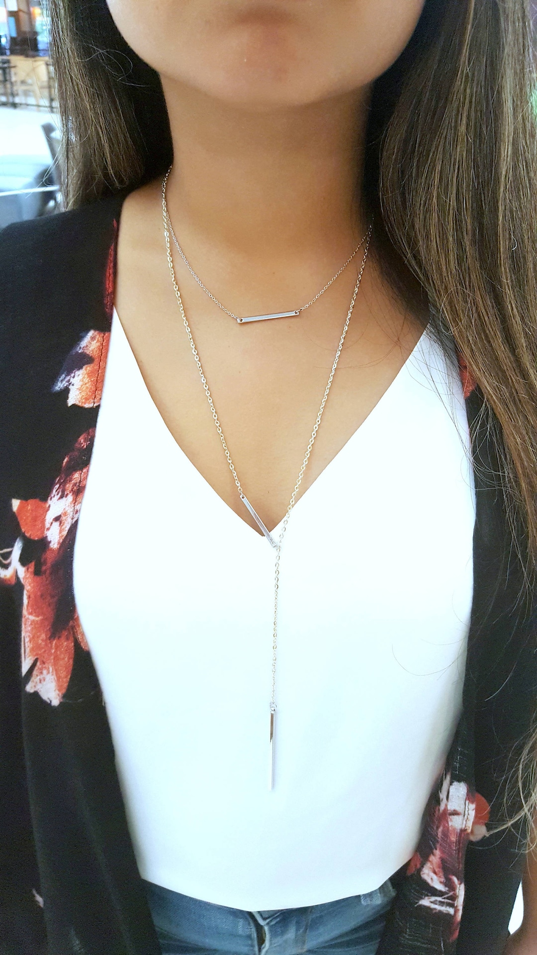 Silver Bar Lariat Necklace Thin Bar Drop Y Necklace Vertical Bar