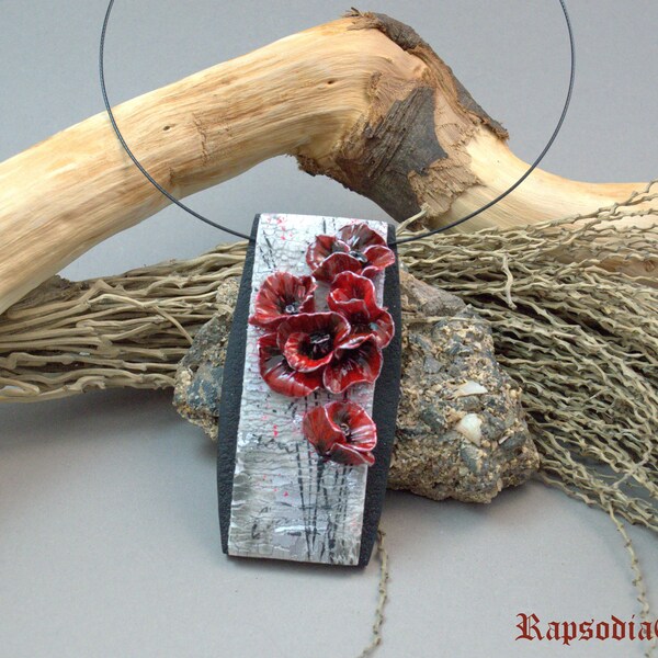 Fashion jewelry  necklace Flower jewelry Poppy pendant Polymer clay jewelry Red and black jewelry Botanical necklace Unique jewelry