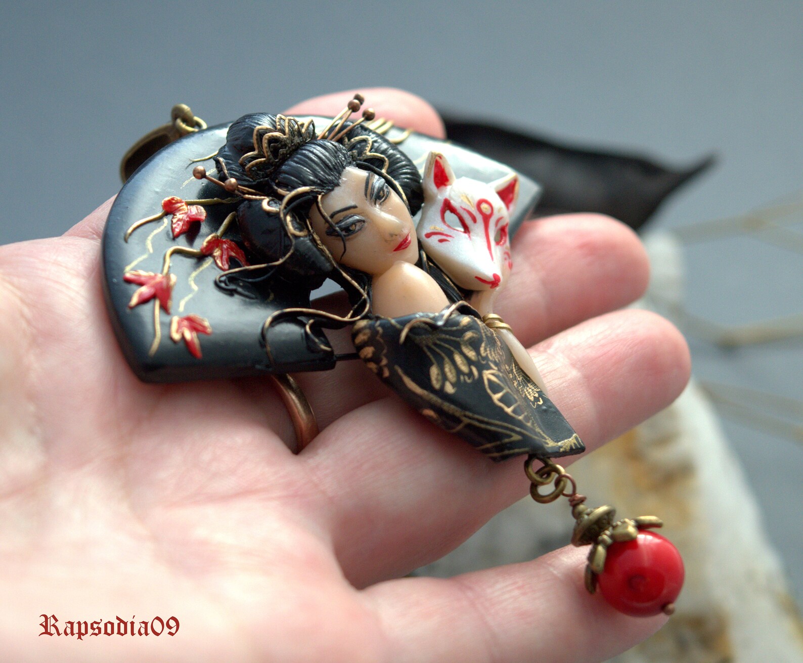 Kitsune jewelry necklace Polymer clay necklace Japanese Etsy