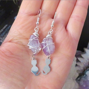 Amethyst Kitty Drop Earrings Goddess Earrings wire wrapped earrings reiki energy image 2