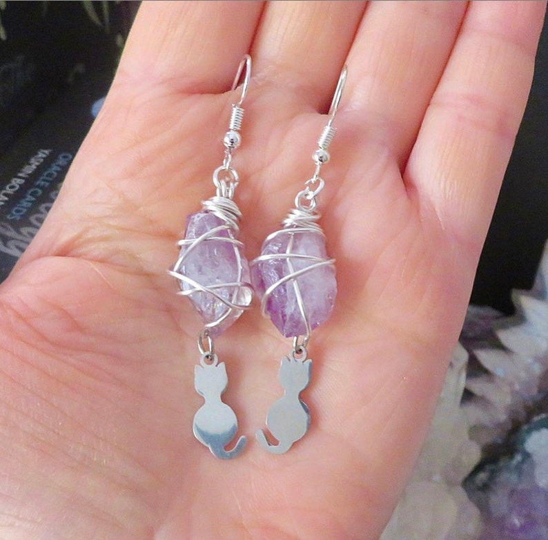 Amethyst Kitty Drop Earrings Goddess Earrings wire wrapped earrings reiki energy image 2