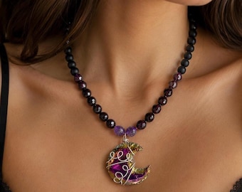 Garnet Amethyst Moon Necklace, Wire Wrapped Crescent Moon Pendant