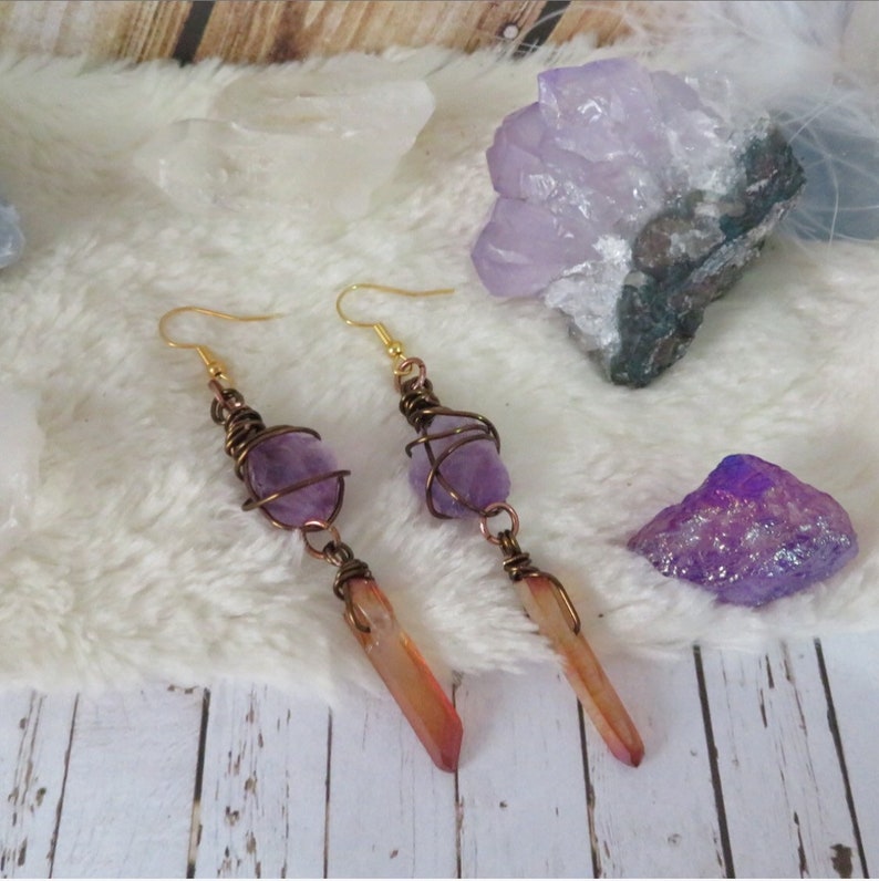 Amethyst /& Champagne Aura Quartz reiki energy wire wrapped earrings Goddess Earrings