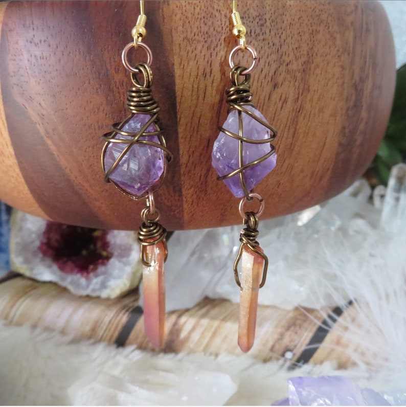 Amethyst /& Champagne Aura Quartz reiki energy wire wrapped earrings Goddess Earrings