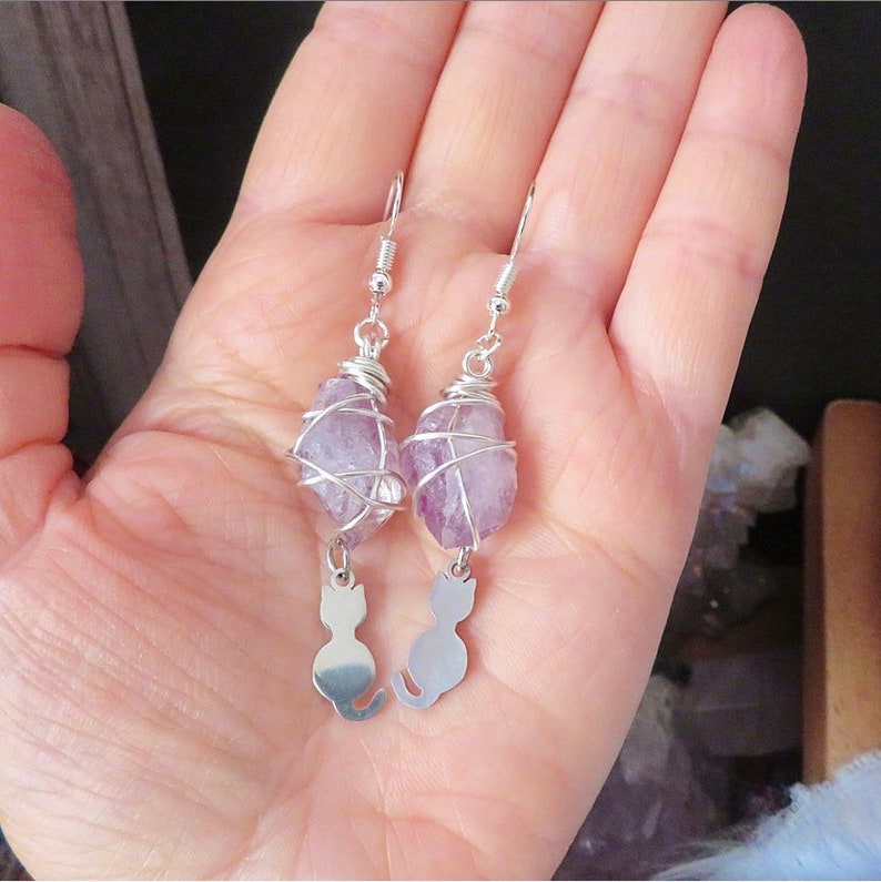 Amethyst Kitty Drop Earrings Goddess Earrings wire wrapped earrings reiki energy image 4