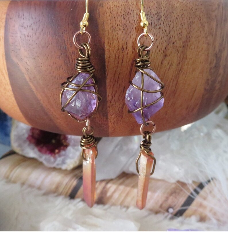 Amethyst /& Champagne Aura Quartz reiki energy wire wrapped earrings Goddess Earrings