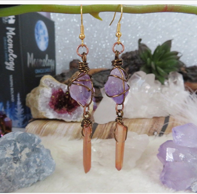 Amethyst /& Champagne Aura Quartz reiki energy wire wrapped earrings Goddess Earrings