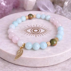 May include: A bracelet with light blue, pink, and green beads, gold-coloured spacers, and a gold-coloured wing charm. The bracelet is displayed on a white, round surface with an eye design.