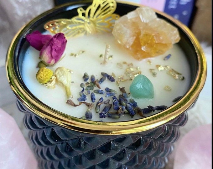 Good Health & Wellbeing, Healing Meditation Candle / Citrine crystal infused soy candle