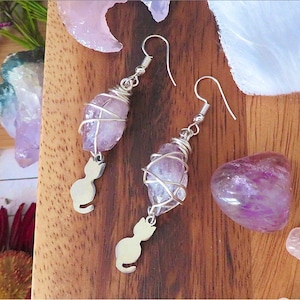 Amethyst Kitty Drop Earrings Goddess Earrings wire wrapped earrings reiki energy image 1