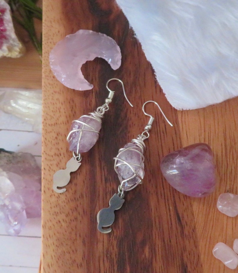 Amethyst Kitty Drop Earrings Goddess Earrings wire wrapped earrings reiki energy image 5