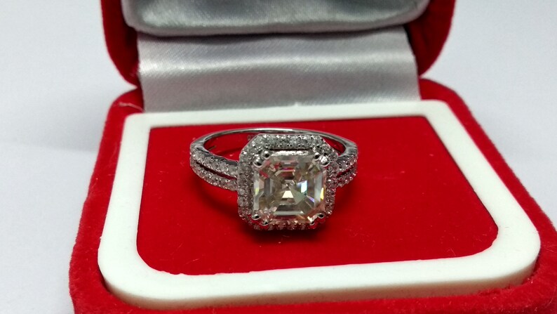 2.37 Ct Near White Asscher Cut Moissanite Engagement Wedding Ring 10K White Gold