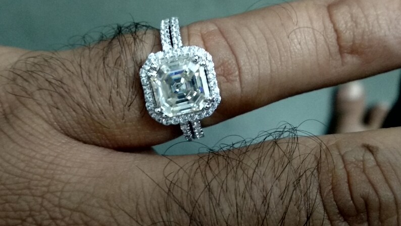 2.37 Ct Near White Asscher Cut Moissanite Engagement Wedding Ring 10K White Gold
