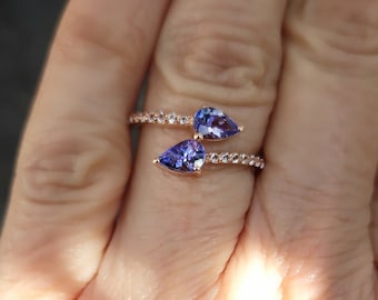 Ring you and me silver 925 gilded rose gold set with two pear tanzanites