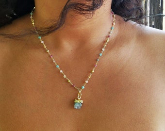 Fine stone rosary necklace and raw aquamarine pendant