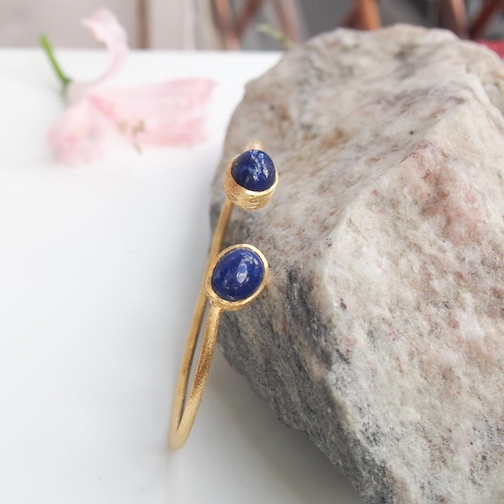 Bracelet jonc ouvert  argent 925 doré or jaune  et lapis lazuli cabochon