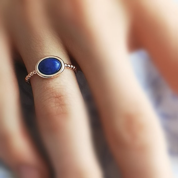 Bague argent doré or rose et lapis lazuli cabochon
