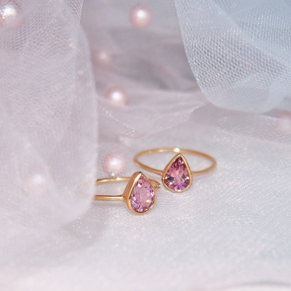 Solitaire ring in gold-plated silver and pear pink tourmaline