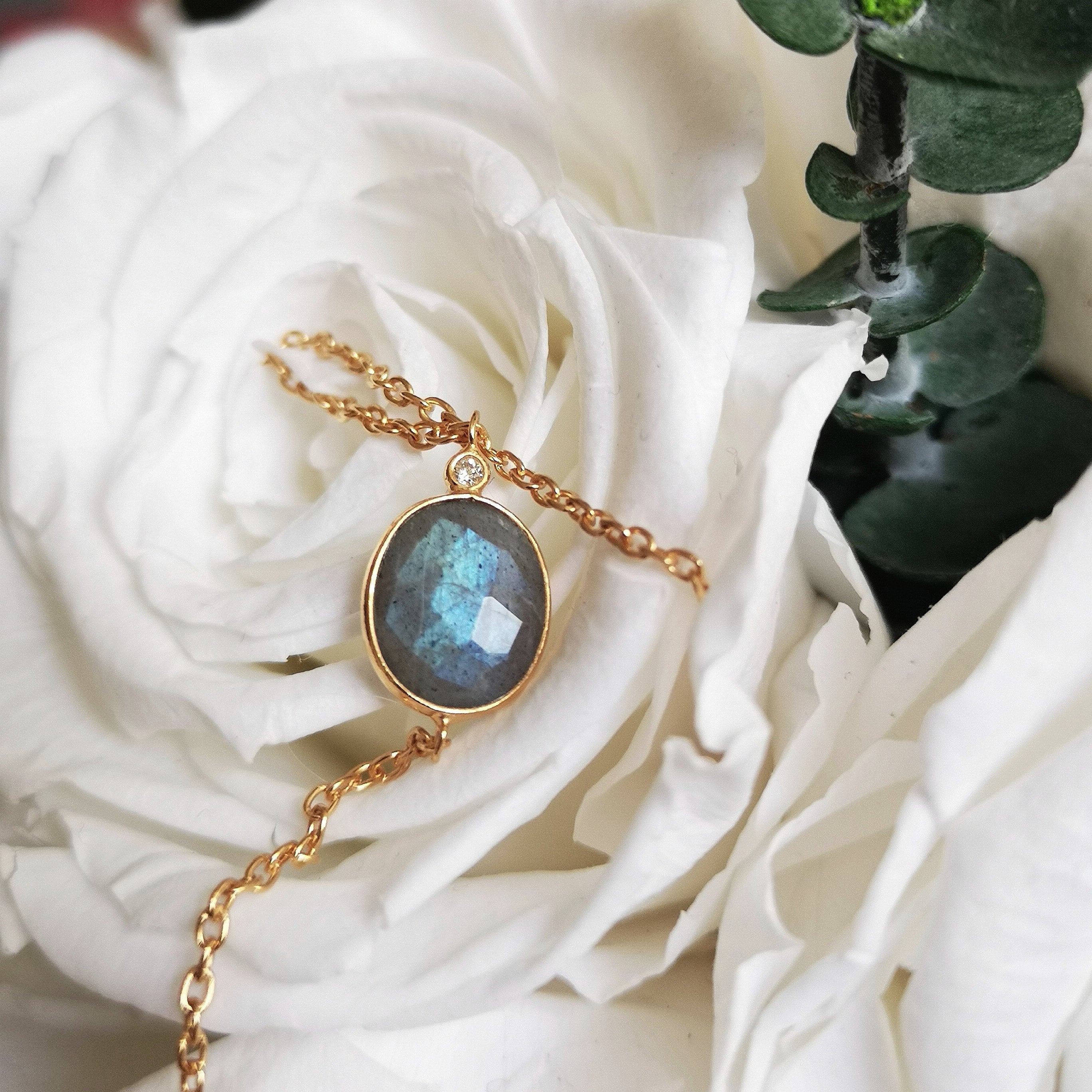 Women's bracelet in rose gold, silver, labradorite and diamond