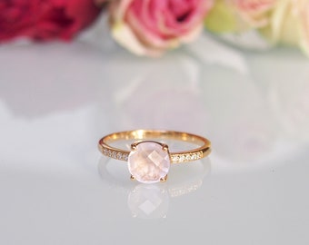 Bague  solitaire argent 925 doré, quartz rose et pavage diamants