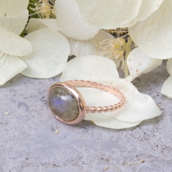 Bague argent doré or rose et labradorite cabochon ovale