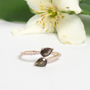 Toi et moi ring gilded silver rose gold, smoky quartz and colorless topazes