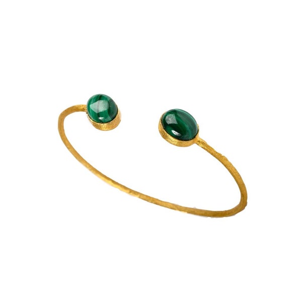Open bangle bracelet in gold-plated silver and malachite oval cabochon